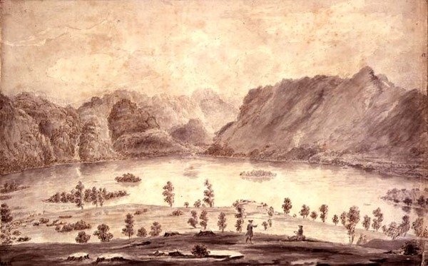 Panoramiczny widok na Derwentwater i dolinę Keswick, fragment zachodniej strony Derwent Water, c.1772 autorstwa Moses Griffith