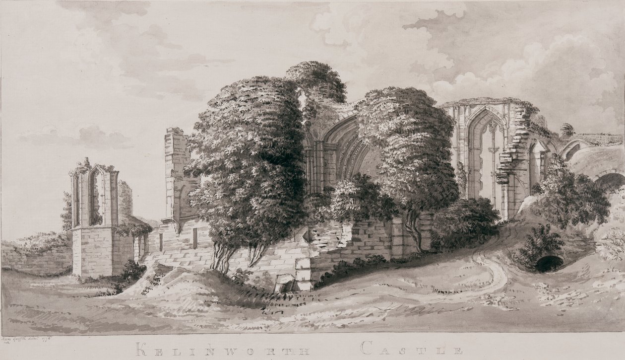 Zamek Kenilworth, 1776 (pióro, pędzel i tusz na papierze) autorstwa Moses Griffith