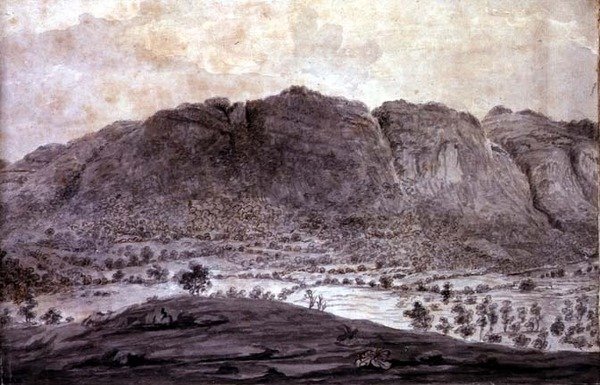 Panoramiczny widok na Derwentwater i dolinę Keswick, fragment gór, ok. 1772 (ołówek i pranie na papierze) (zob. 92086-90) autorstwa Moses (attr. to) Griffith