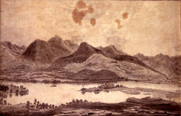 Panoramiczny widok na Derwentwater i Vale of Keswick, fragment północnego krańca Derwent Water, ok. 1772 (ołówek i pranie na papierze) (patrz 92086 i 92088-91) autorstwa Moses (attr. to) Griffith