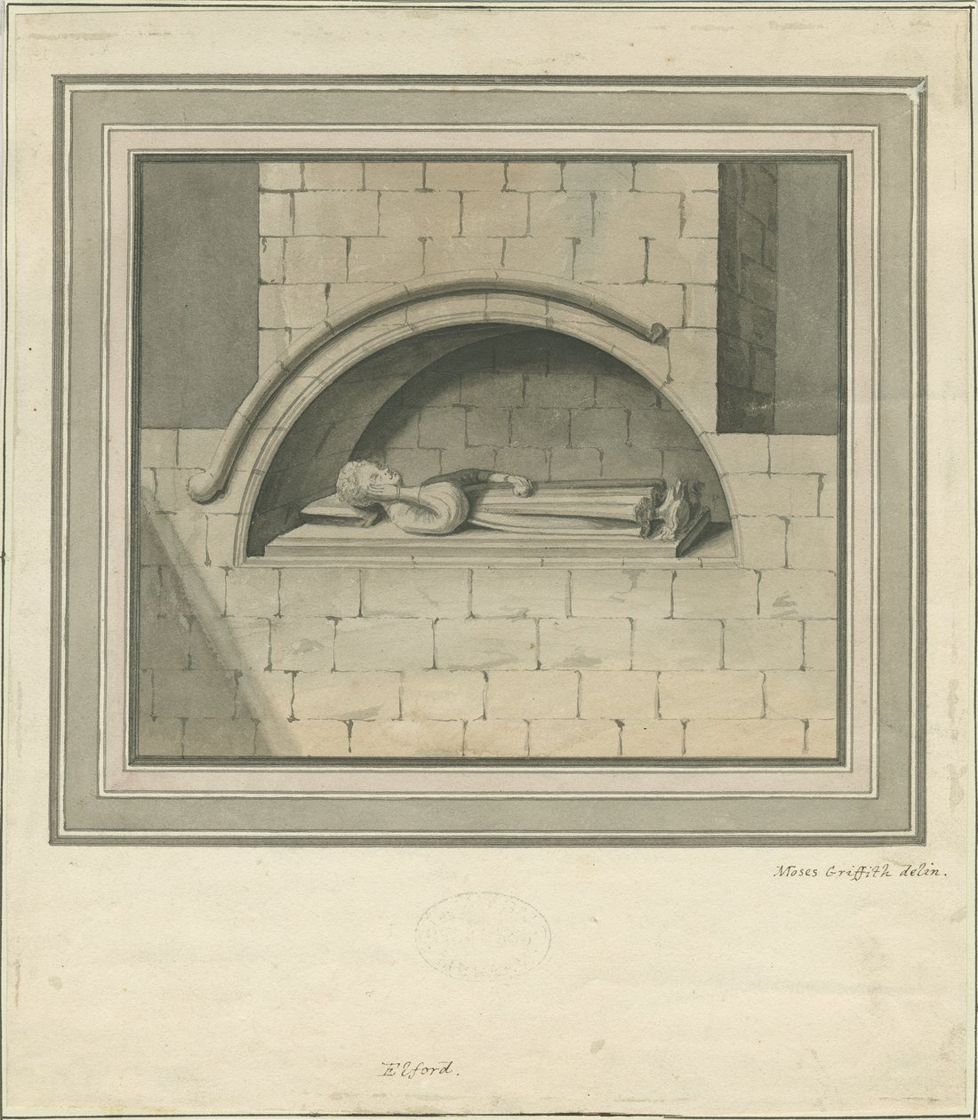 Elford Church – „Pomnik Stanleya”: rysunek akwarelą, bd [?XVIII wiek] autorstwa Moses Griffiths
