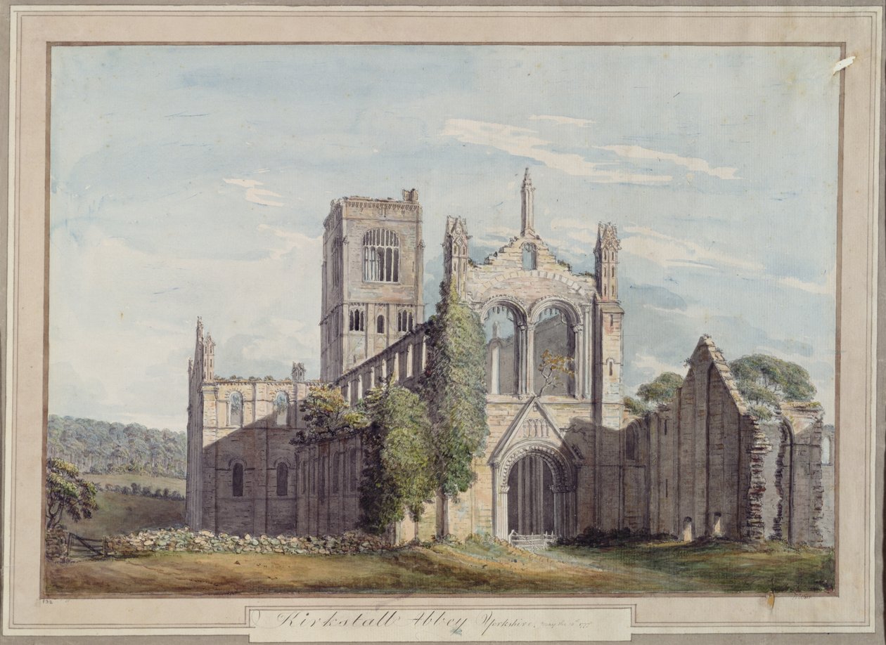 Widok na północno-zachodnie opactwo Kirkstall, 1777 autorstwa Moses Griffiths
