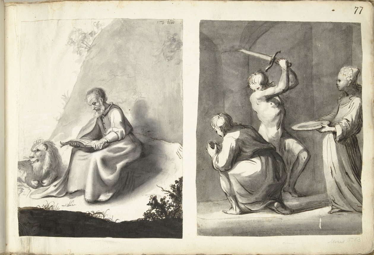 Święty Hieronim na pustyni i ścięcie Jana Chrzciciela autorstwa Moses ter Borch (signed by artist)