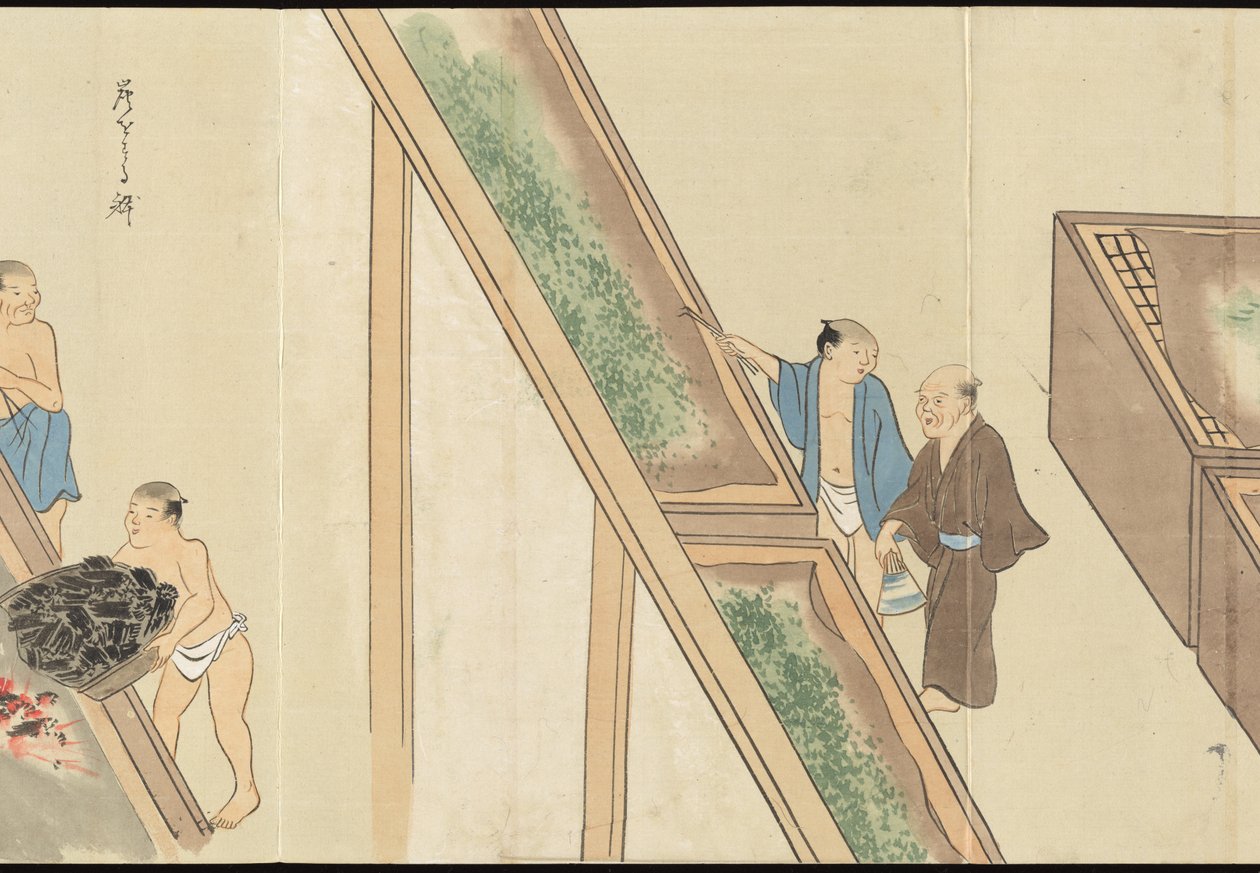 Ilustracje przedstawiające produkcję herbaty Uji autorstwa Motonari Sait?