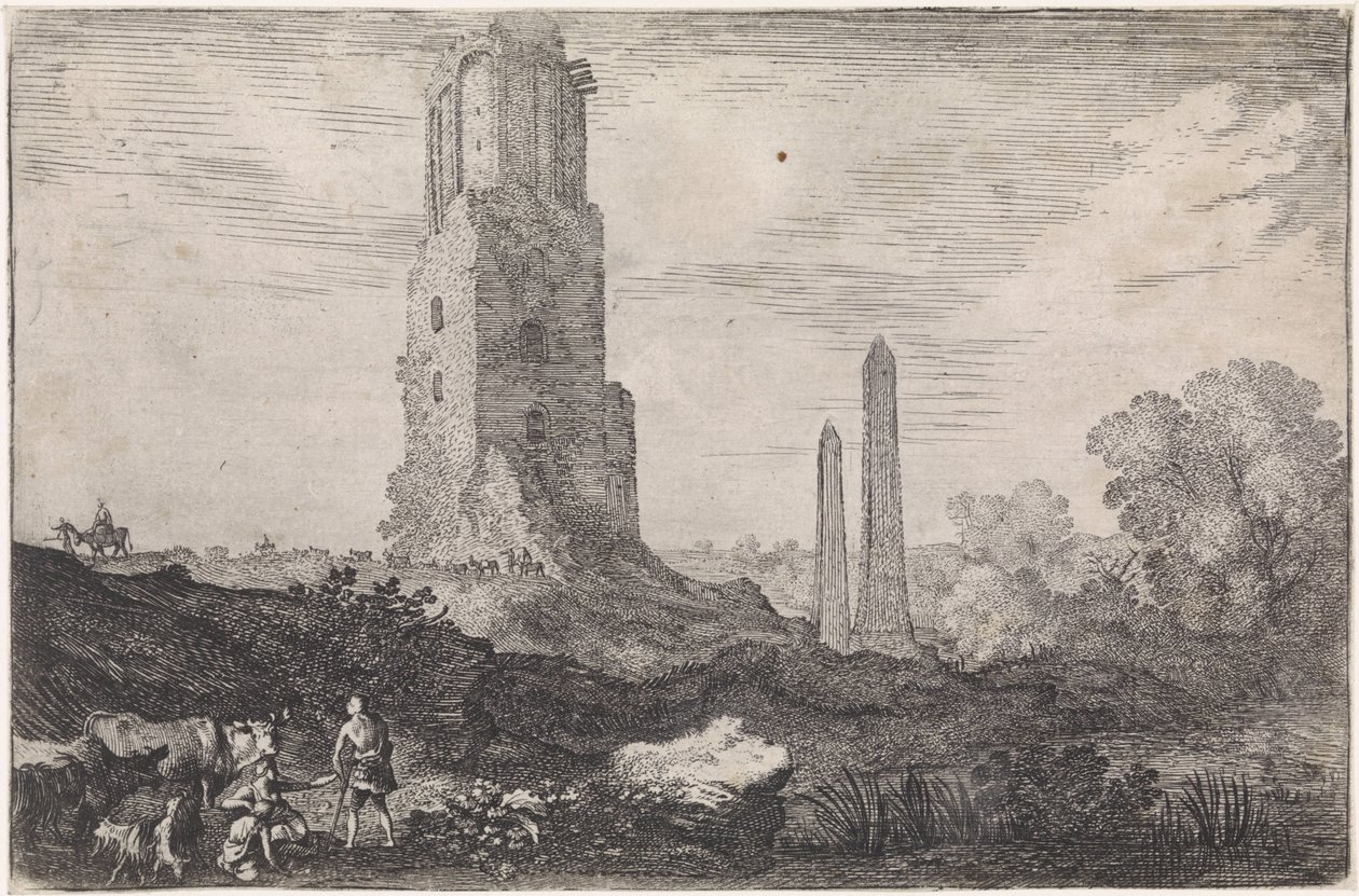 Krajobraz z dwoma obeliskami i „Torre delle Militia” Arkadyjskie pejzaże (tytuł serii) autorstwa Moyses van Wtenbrouck