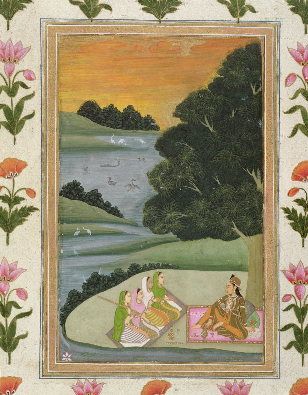 Księżniczka słuchająca muzyków nad rzeką o zachodzie słońca, z albumu Small Clive (nieprzezroczysta toaleta na papierze) autorstwa Mughal School