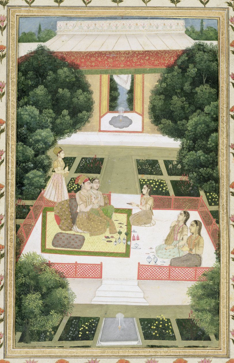 Para w ogrodzie słuchająca muzyki z opiekunkami, z albumu Small Clive (nieprzezroczyste wc na papierze) autorstwa Mughal School