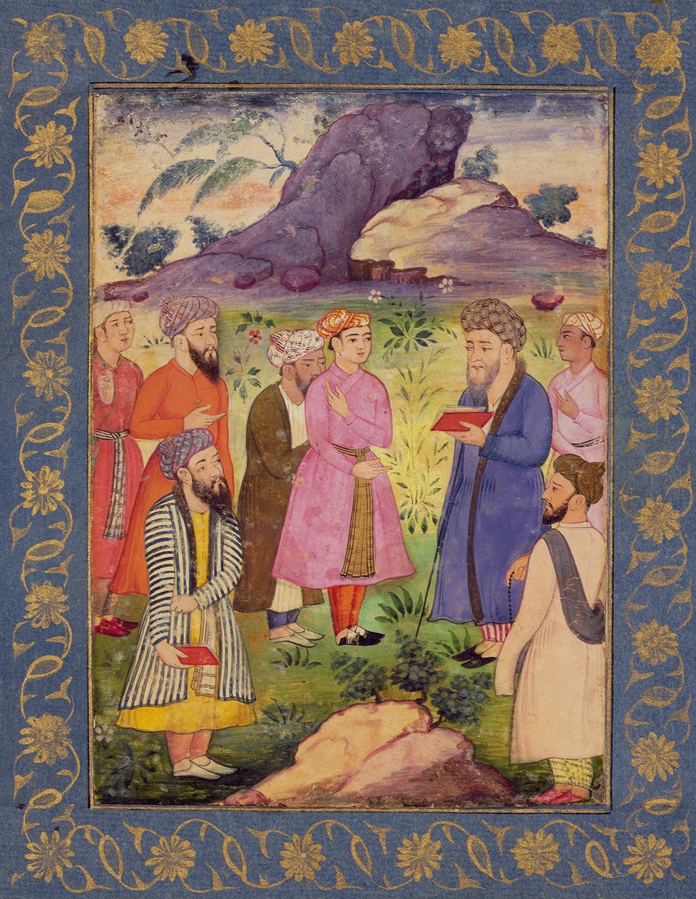 Szlachetny młodzieniec ze sługami w pejzażu, z Wielkiego Albumu Clive, ok. 1605 (wc nieprzezroczysty na papierze) autorstwa Mughal School