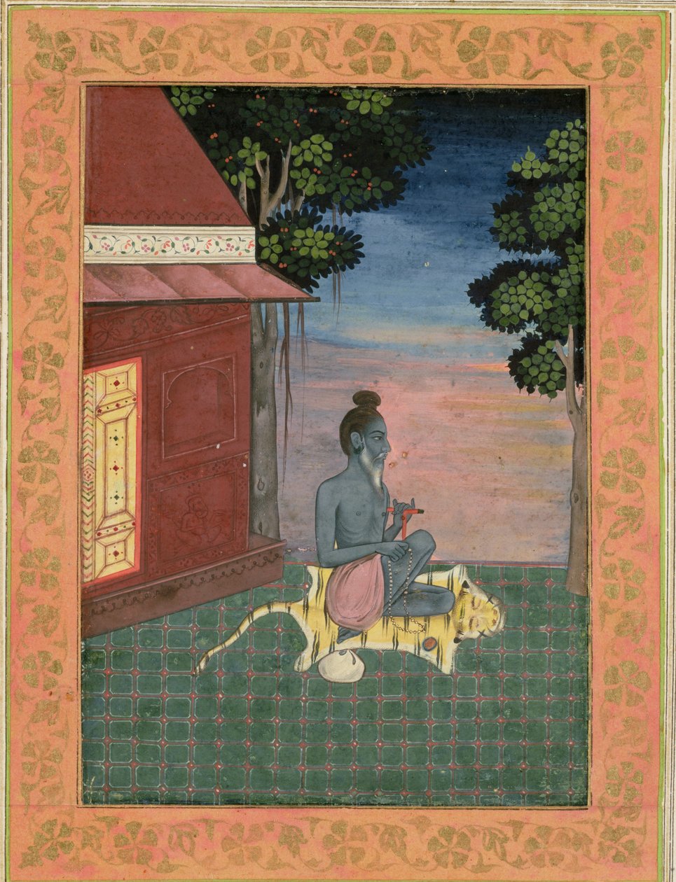 Starzejący się asceta siedzący na skórze tygrysa na zewnątrz budynku, z Large Clive Album, c.1670 autorstwa Mughal School