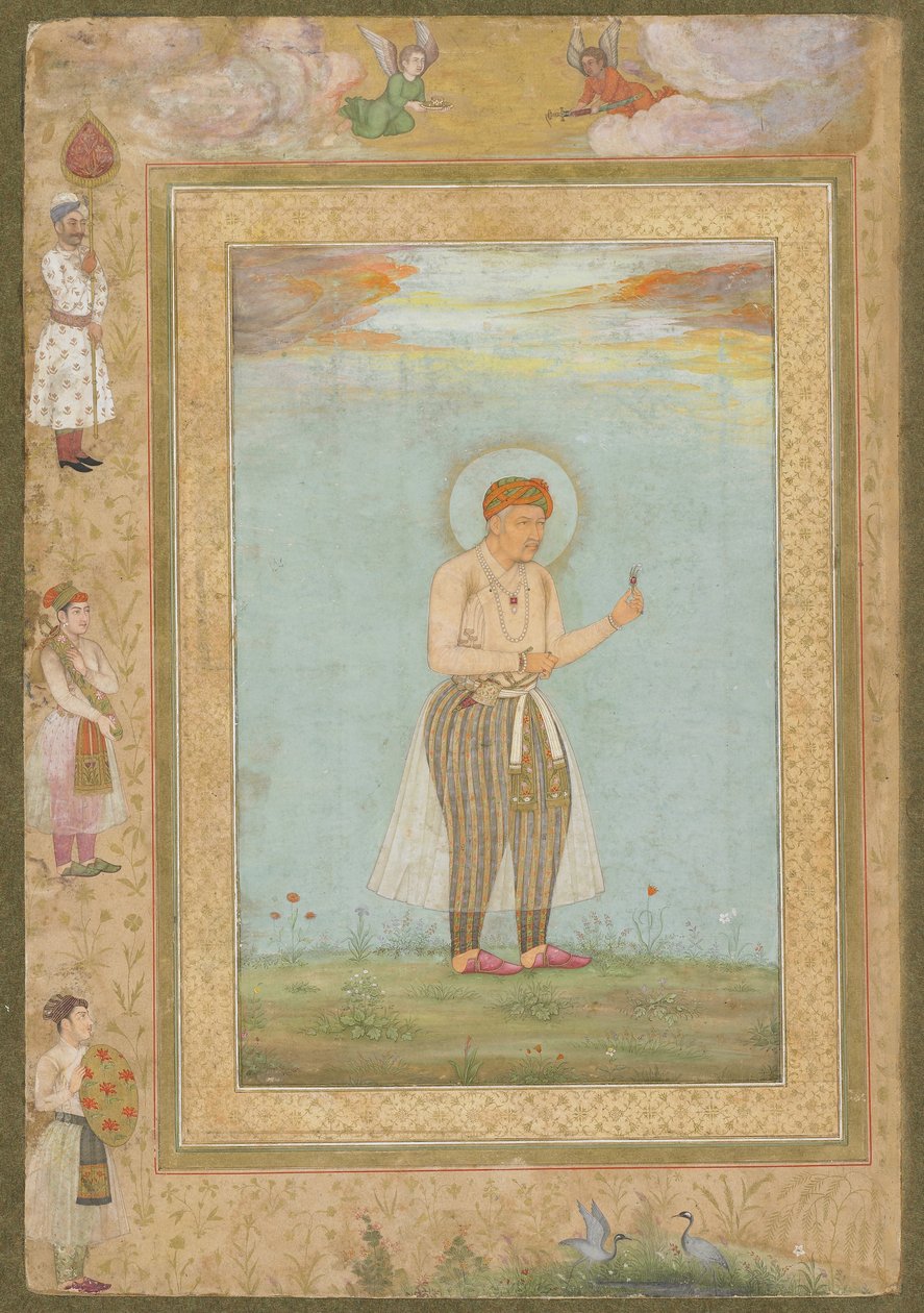 Akbar z sarpechem, z późnego albumu Shahjahan, oderwane folio rękopisu, ok. 1650 autorstwa Mughal School