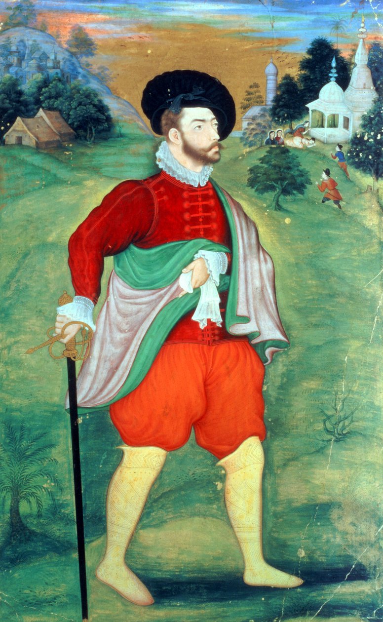 Europejczyk w Indiach, ok. 1556-1605 (nieprzezroczysta akwarela i złoto na papierze) autorstwa Mughal School