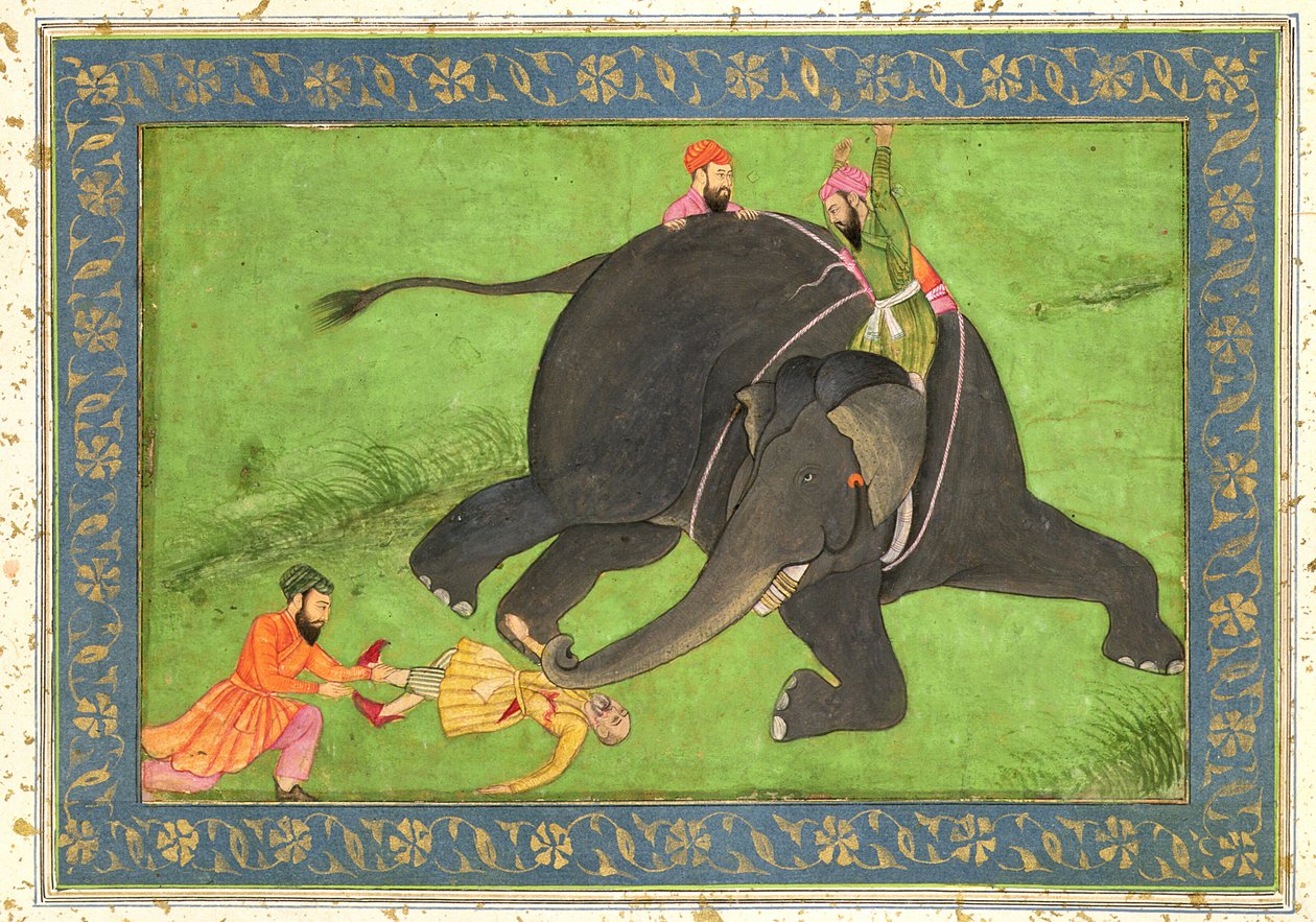 حاضرین د لوی کلائیو البومپولي څخه د غوسه شوي فیل څخه یو لویدلی سړی وژغوره autorstwa Mughal School