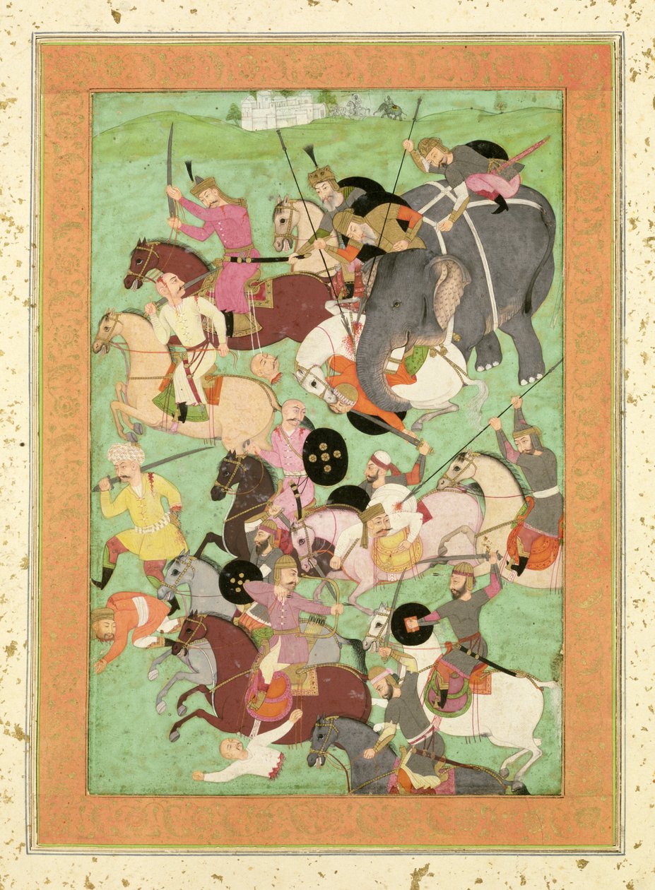 Bitwa między siłami Iranu i Turanu, ilustracja do Szahnamy, Duży Album Clive, połowa XVII wieku (papier, złoto i skóra) autorstwa Mughal School
