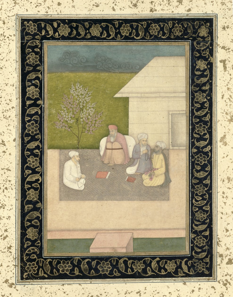 Czterech muzułmańskich świętych mężczyzn siedzących w medytacji przed chatą, z Large Clive Album autorstwa Mughal School