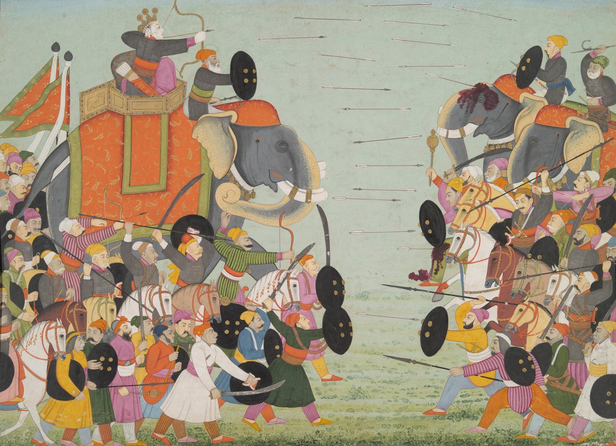 Ilustracja z serii Bhagavata Purana, księga 10, Bitwa między Balarama i Jarasandha, 1760-65 (toaleta i złoto na papierze) autorstwa Mughal School