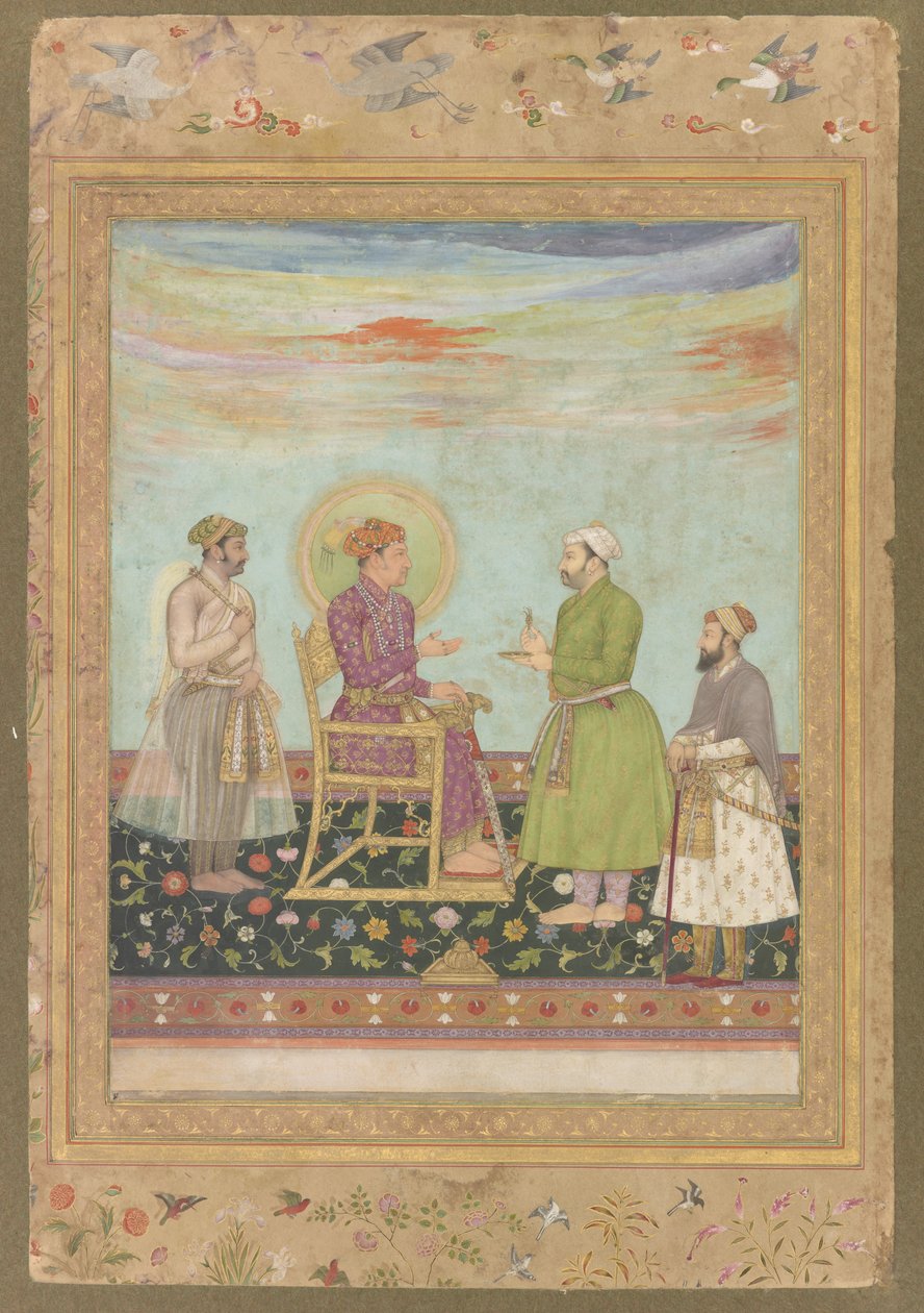 Jahangir z Asaf Khan i Shayista Khan, z ostatniego albumu Shah Jahan, oderwane folio z rękopisem, ok. 1650 autorstwa Mughal School