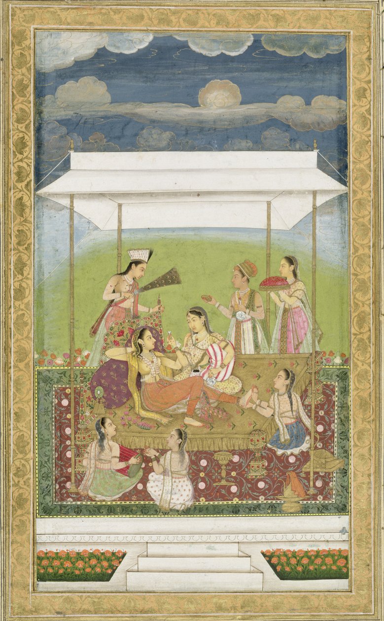 Panie słuchające muzyki w ogrodzie, z Małego Albumu Clive (nieprzezroczyste wc na papierze) autorstwa Mughal School