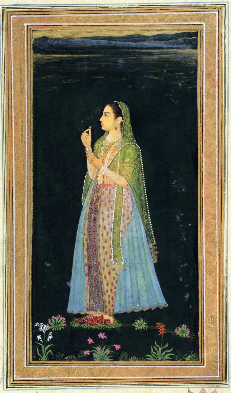 Dama trzymająca kwiat, z Małego Albumu Clive (nieprzezroczyste wc na papierze) autorstwa Mughal School