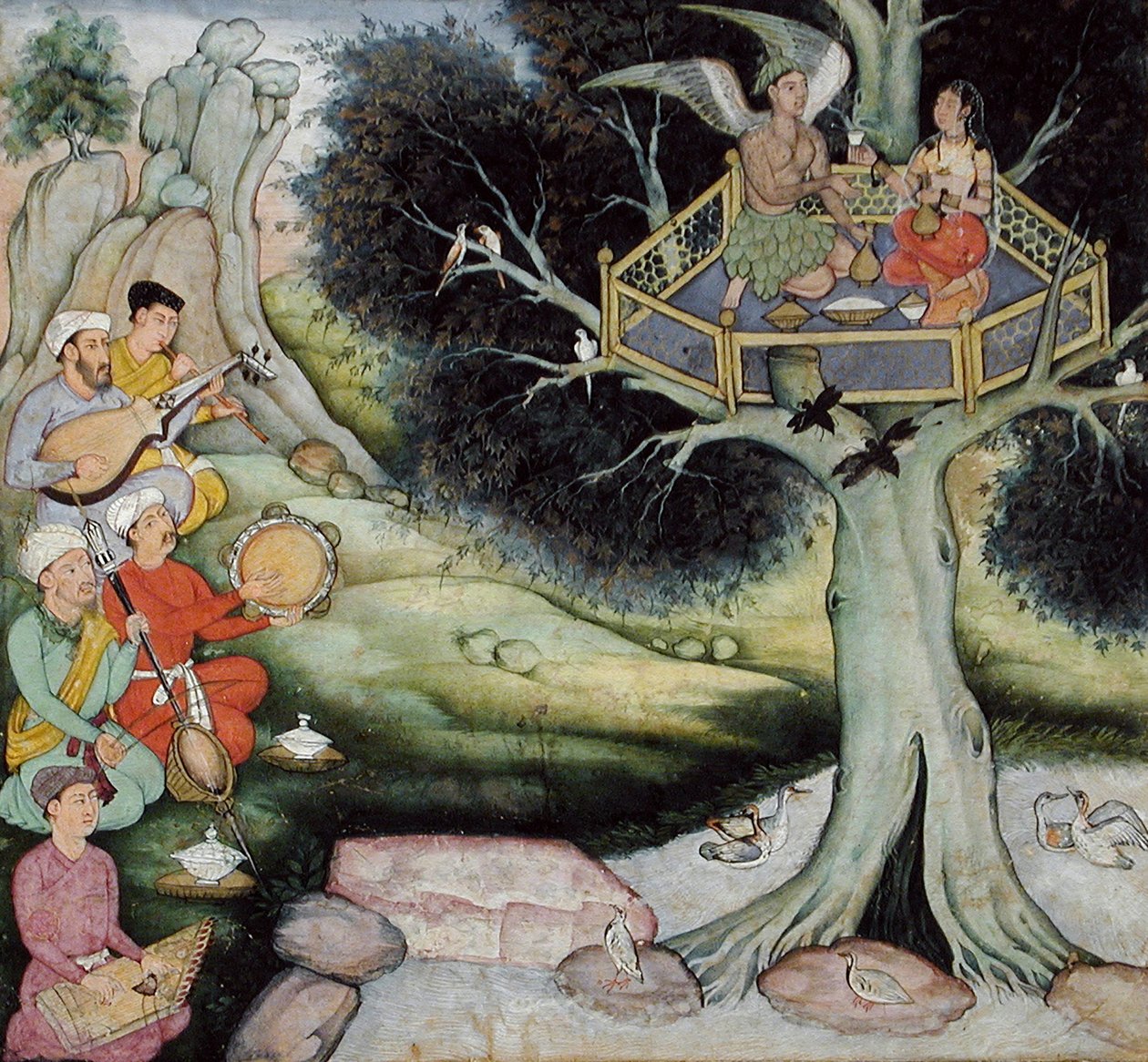 Somaprabha i niebiańska nimfa słuchająca muzyki, ok. 1590 r autorstwa Mughal School