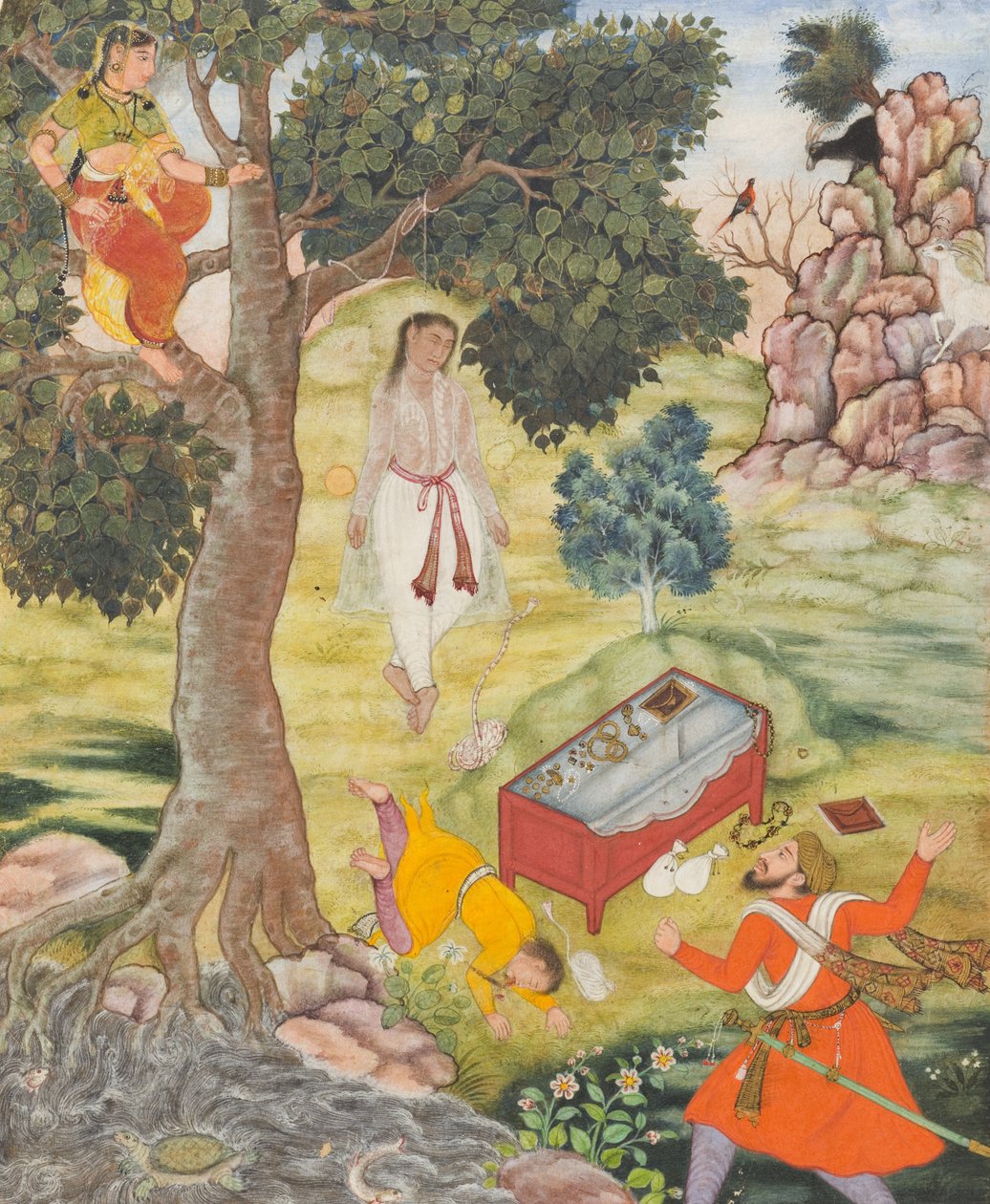 Opowieść o przebiegłym Siddhikari, ok. 1590 (akwarela, złoto i tusz na papierze) autorstwa Mughal School