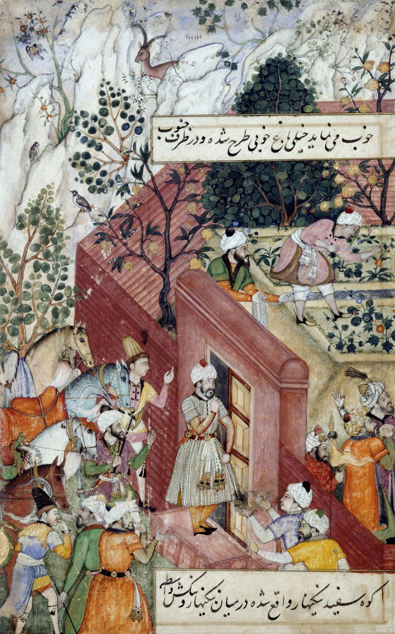 Cesarz Mogołów Babur (r.1526-30) zamierza zamorski założyć ogród, używając linii, z „Akbarnama”, c.1590 (gwasz na pergaminie) autorstwa Mughal School