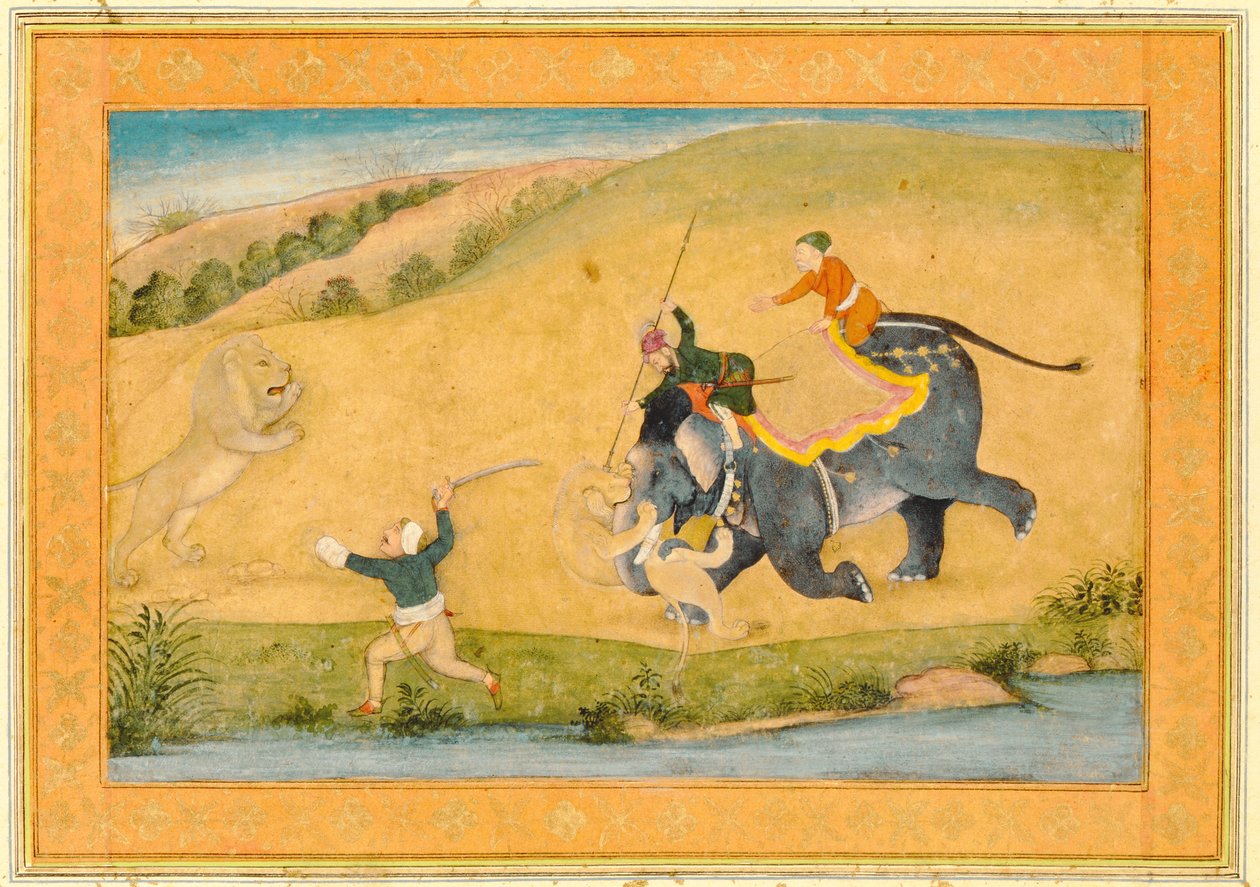 Trzech mężczyzn polujących na lwy, z albumu Large Clive autorstwa Mughal School