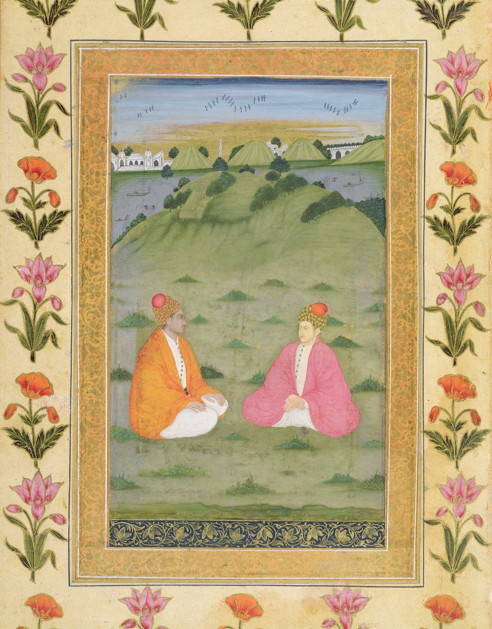 Dwóch szlachciców siedzących w krajobrazie, z Małego Albumu Clive (nieprzezroczyste wc na papierze) autorstwa Mughal School