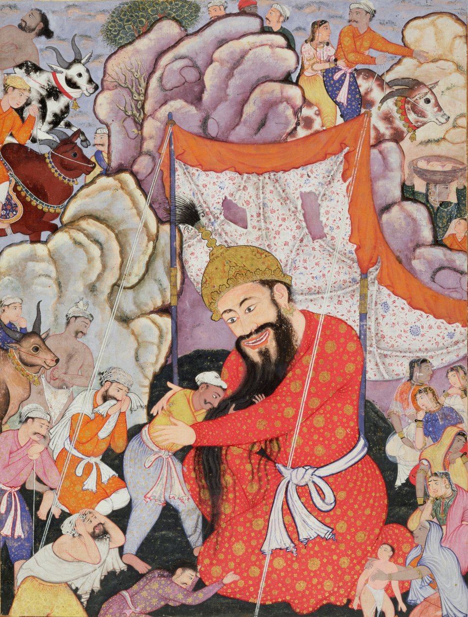 Zumurrud Shah dociera do stóp ogromnej góry i dołącza do niego Raim Krwiopijca i Yaqut Shining, 1557-72 (toaleta i złoty liść na bawełnie) autorstwa Mughal School
