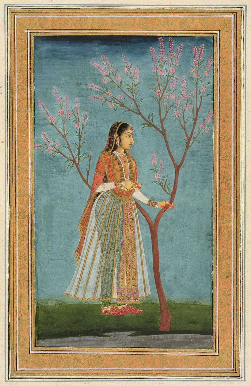 Pani stojąca przy kwitnącym drzewie, z albumu Small Clive autorstwa Mughal School