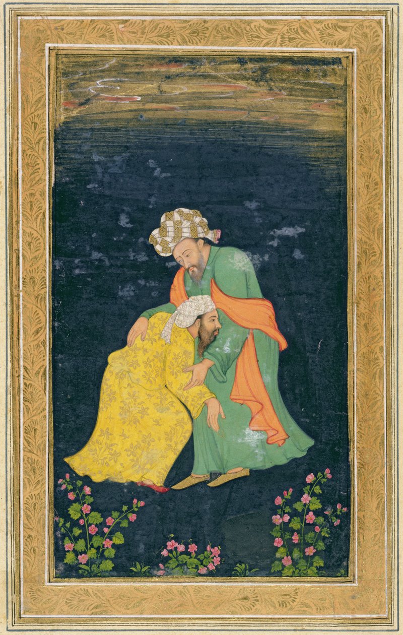 Mułła kłaniający się mężczyźnie w irańskim stroju, który podnosi go z błagania, z albumu Small Clive (wc na papierze) autorstwa Mughal School
