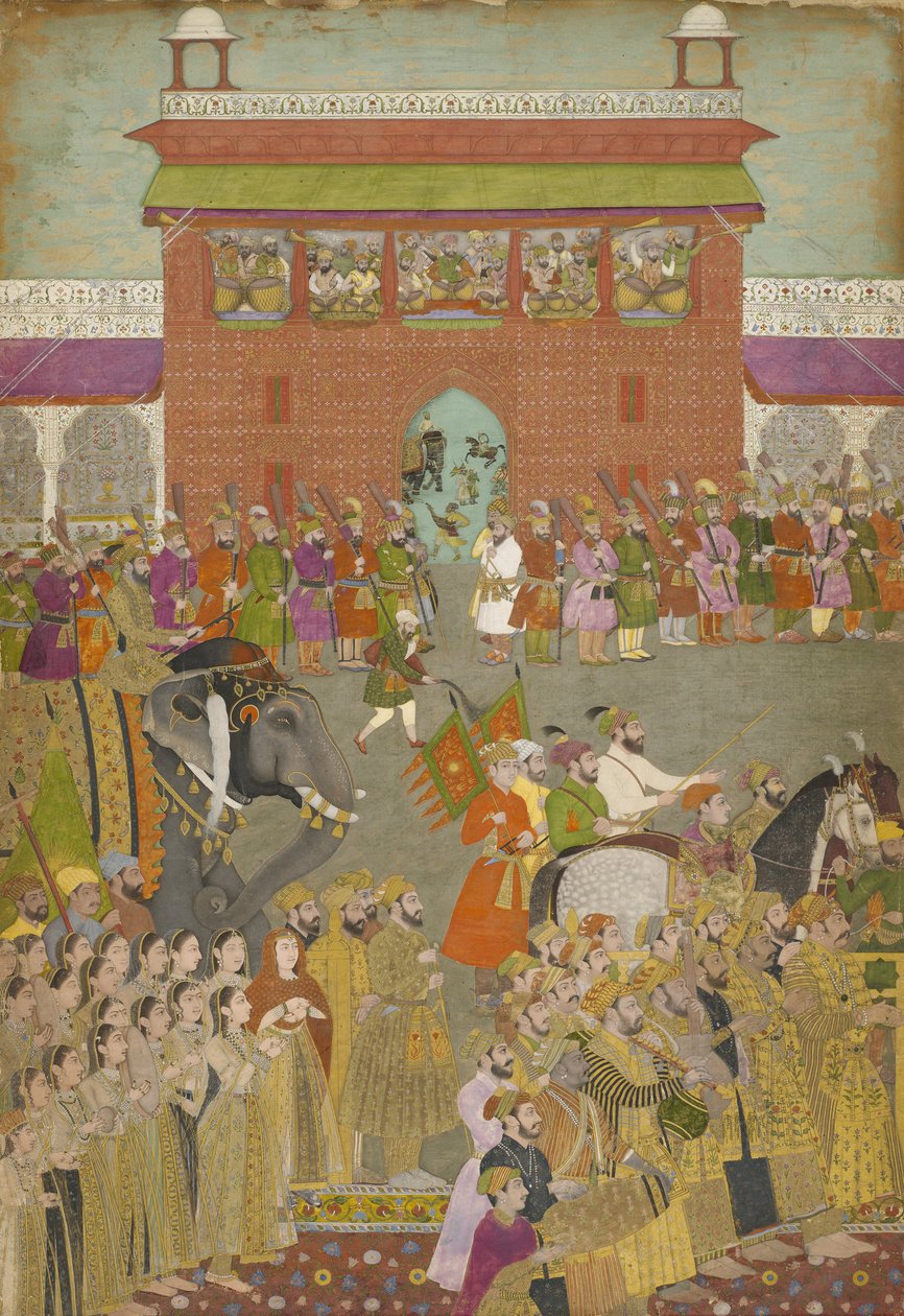 Scena procesji z muzykami z kopii Padszanamy z okresu Mogołów, połowa XVII wieku autorstwa Mughal School
