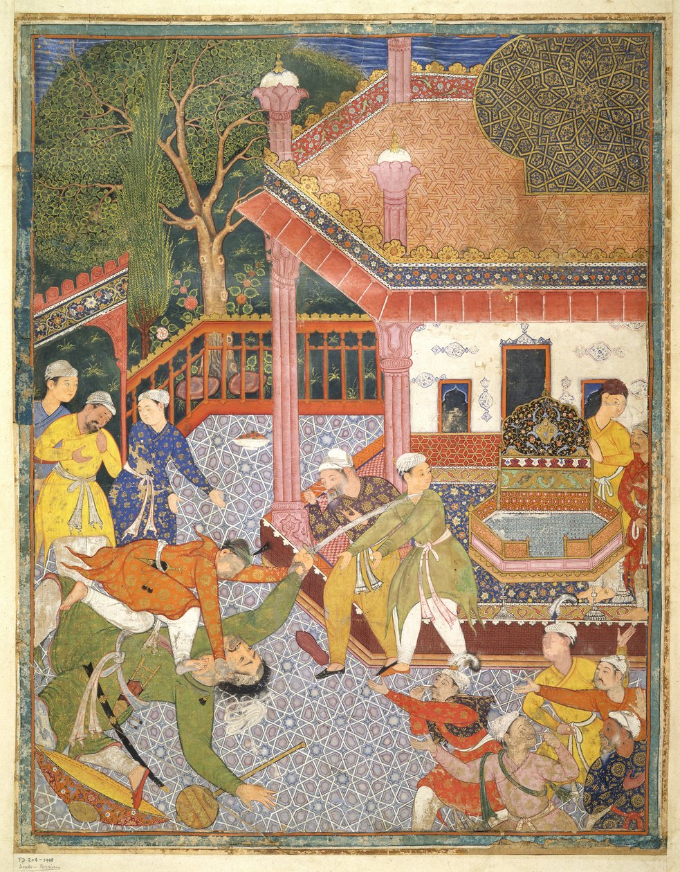Bohater zabija olbrzyma przed tłumem gapiów na dziedzińcu, ilustracja z Hamza Nama, ok. 1555-67 (kolor ciała na bawełnie) autorstwa Mughal School