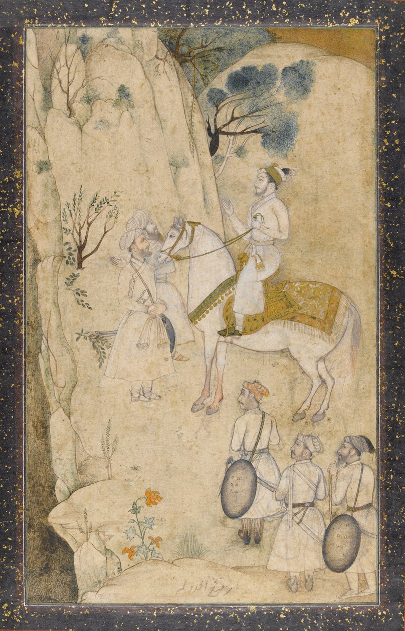 Książę na koniu z pięcioma towarzyszami przy wodospadzie (wc z piórem i atramentem, grafitem i złotem na papierze) autorstwa Mughal School