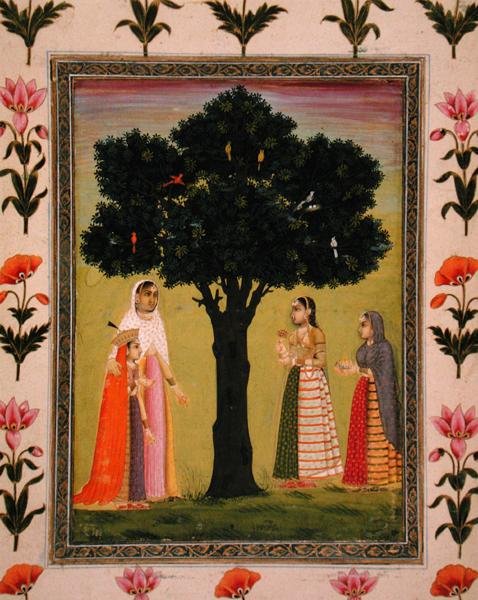 Księżniczka z synem spotyka dwie panie, które wręczają prezenty, z Małego Albumu Clive (nieprzezroczysta akwarela na papierze) autorstwa Mughal School