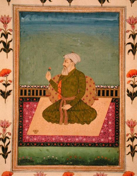 Linijka siedząca na dywanie lub tarasie, trzymająca kwiat, z Małego Albumu Clive (nieprzezroczysta akwarela na papierze) autorstwa Mughal School