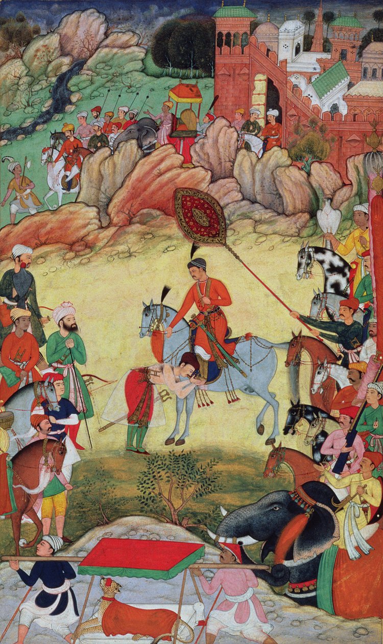 Adham Khan składa hołd Akbarowi w Sarangpur w środkowych Indiach, w 1560 lub 1561, z Akbarnama, 1590-98 autorstwa Mughal School