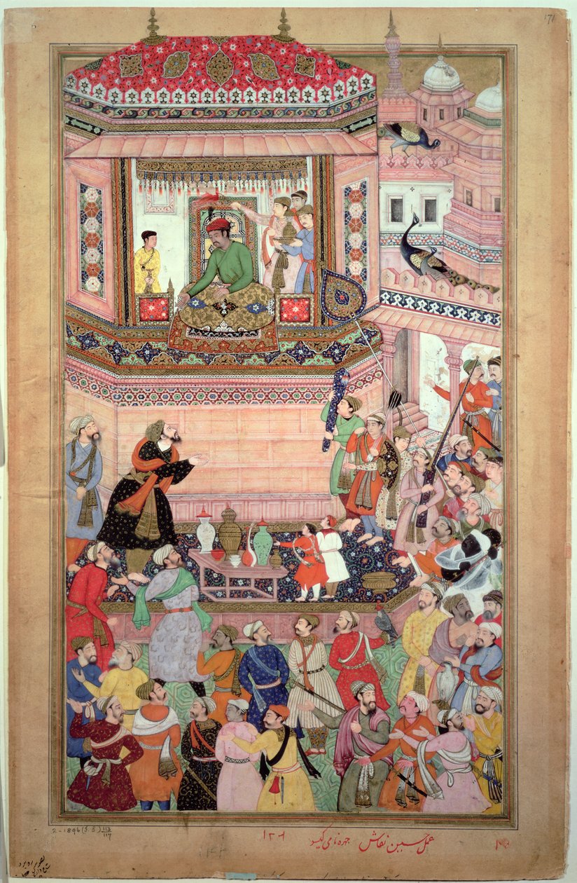 Akbar udzielający audiencji, autorstwa Husays Naggash i Kesu, z "Akbarnama", Mogołowie, ok. 1590 r. autorstwa Mughal School