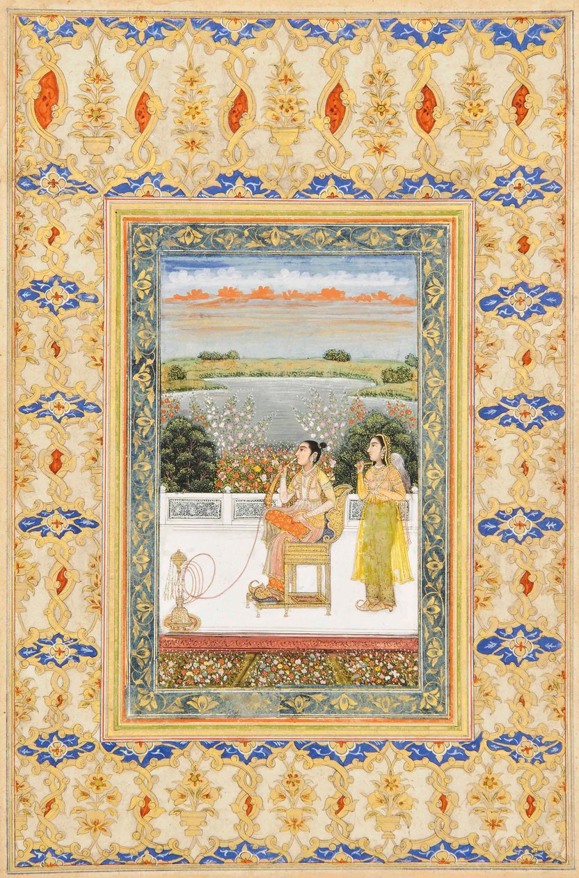 Strona albumu: Gulbadan Begum palenie na tarasie, Delhi, ok. 1800 autorstwa Mughal School
