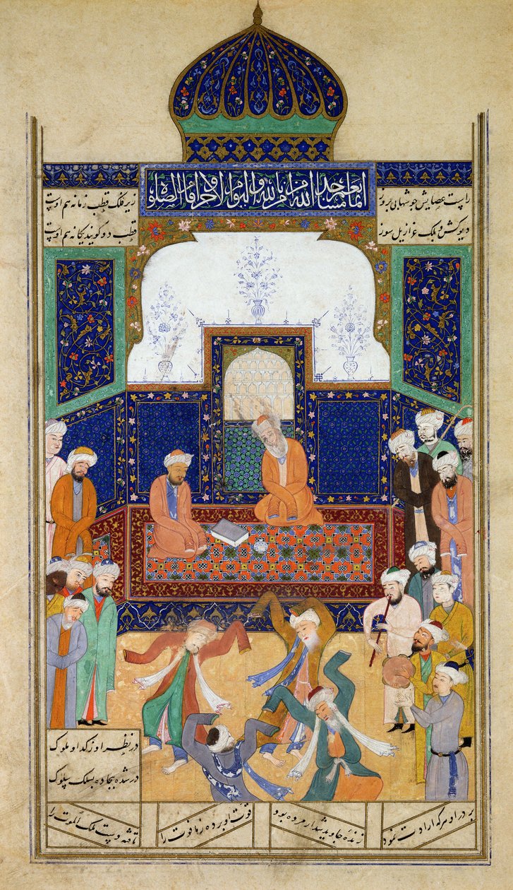 Derwisze tańczą do muzyki przed swoim Shaikiem i uczniem, z Khamsah księcia Khusrau, Matla al-Anvar, 1485 (890 Hijra) autorstwa Mughal School