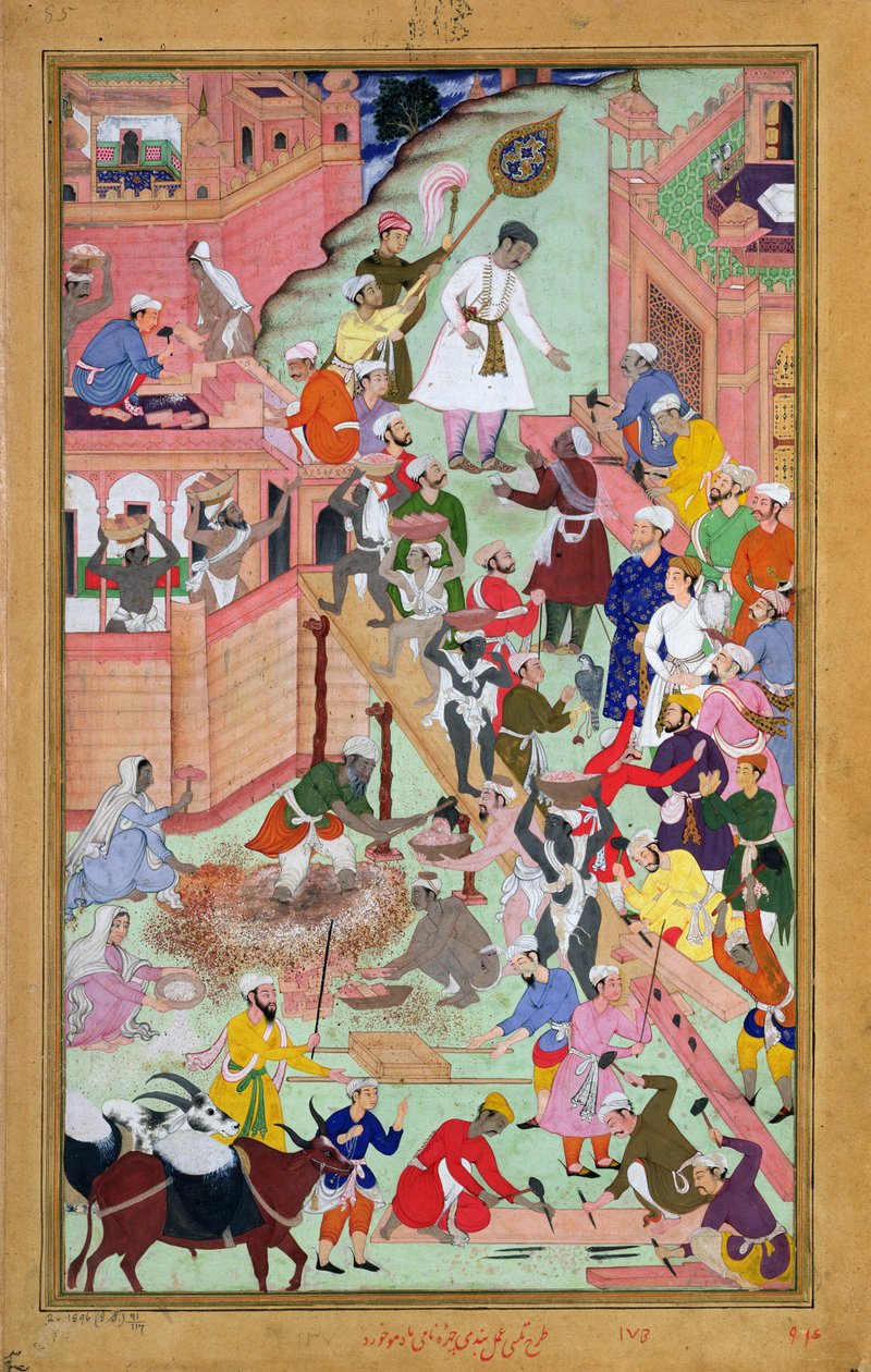 Cesarz Akbar (r.1556-1605) podczas inspekcji prac budowlanych w Fatehpur Sikri, miasto ukończone 1584, z Akbarnama, 1590-98 (nieprzezroczyste wc i złoto na papierze) autorstwa Mughal School