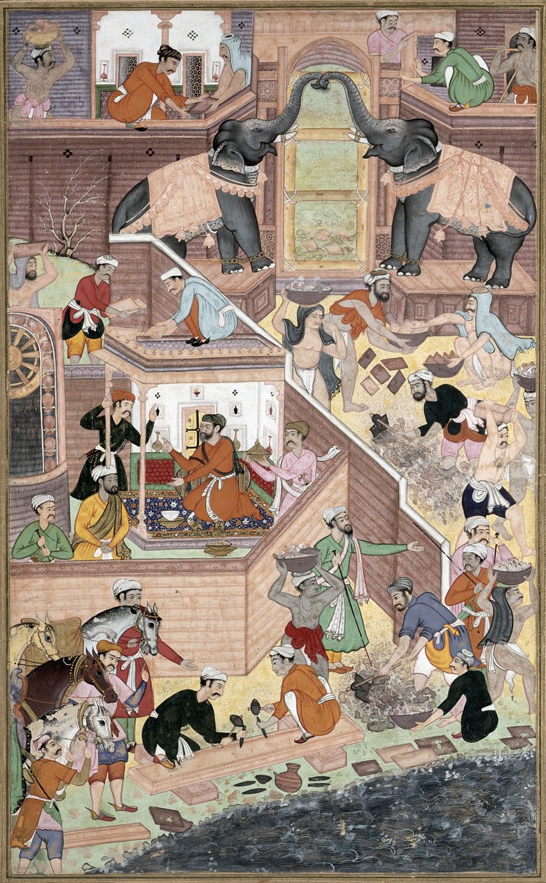 Cesarz Akbar (r.1556-1605) podczas inspekcji prac budowlanych w Fatehpur Sikri, z Akbarnamy wykonanej przez Abula Fazi, 1590-98 (nieprzezroczysta toaleta i złoto na papierze) autorstwa Mughal School