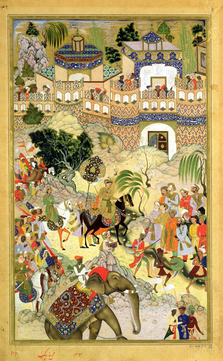 Triumfalny wjazd cesarza Akbarsa do Surat, z Akbarnamy wykonanej przez Abula Fazi (1515-1602) 1590-98 (nieprzezroczysta toaleta i złoto na papierze) autorstwa Mughal School