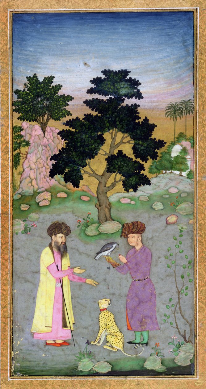 Sokolnik z towarzyszem i gepardem, z Małego Albumu Clive, ok. 1610-15 (nieprzezroczyste wc na papierze) autorstwa Mughal School
