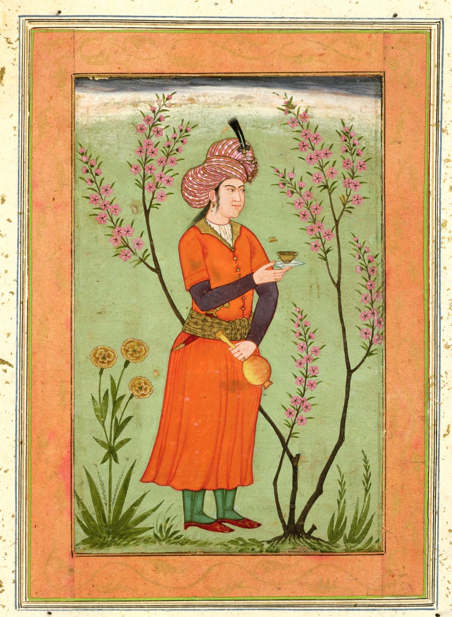 Irańska postać książęca trzymająca filiżankę i flakonik, ok. 1640, z Large Clive Album autorstwa Mughal School