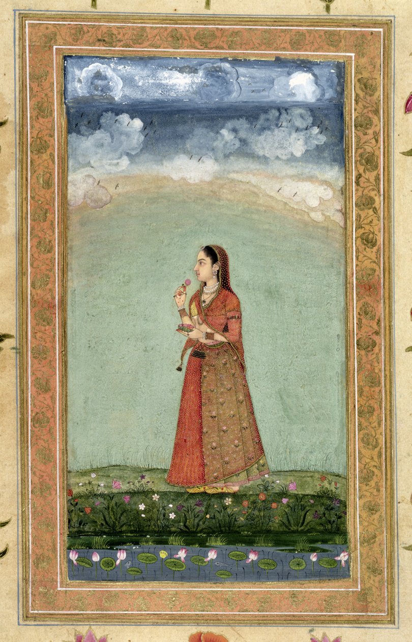 Pani trzymająca miskę róż, z Małego Albumu Clive (nieprzezroczyste wc na papierze) autorstwa Mughal School