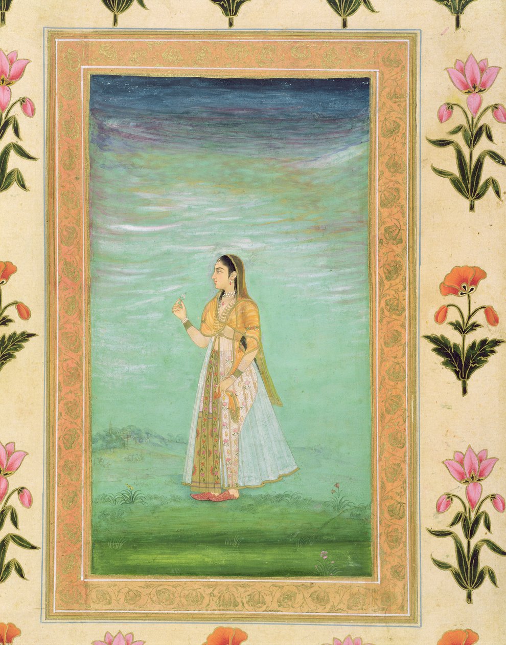 Dama trzymająca kwiatek, z Albumu Małego Clive (nieprzezroczyste wc na papierze) autorstwa Mughal School