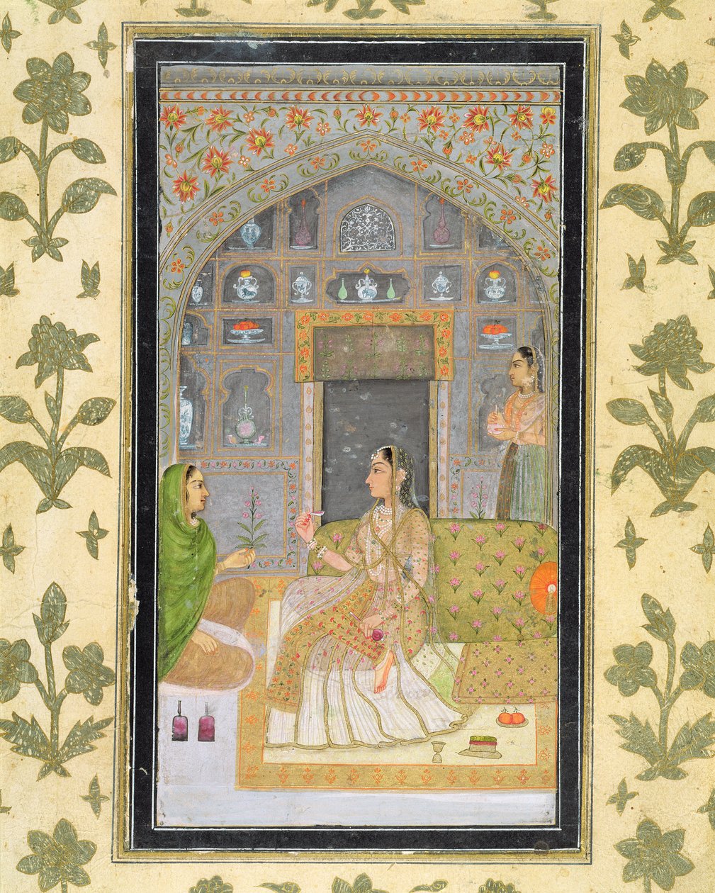 Pani siedząca w pawilonie z opiekunami, z Małego Albumu Clive (wc nieprzezroczyste na papierze) autorstwa Mughal School