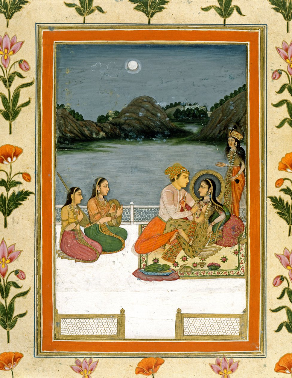 Kochankowie na tarasie nad jeziorem oświetlonym księżycem, z Albumu Mały Clive (nieprzezroczyste wc na papierze) autorstwa Mughal School