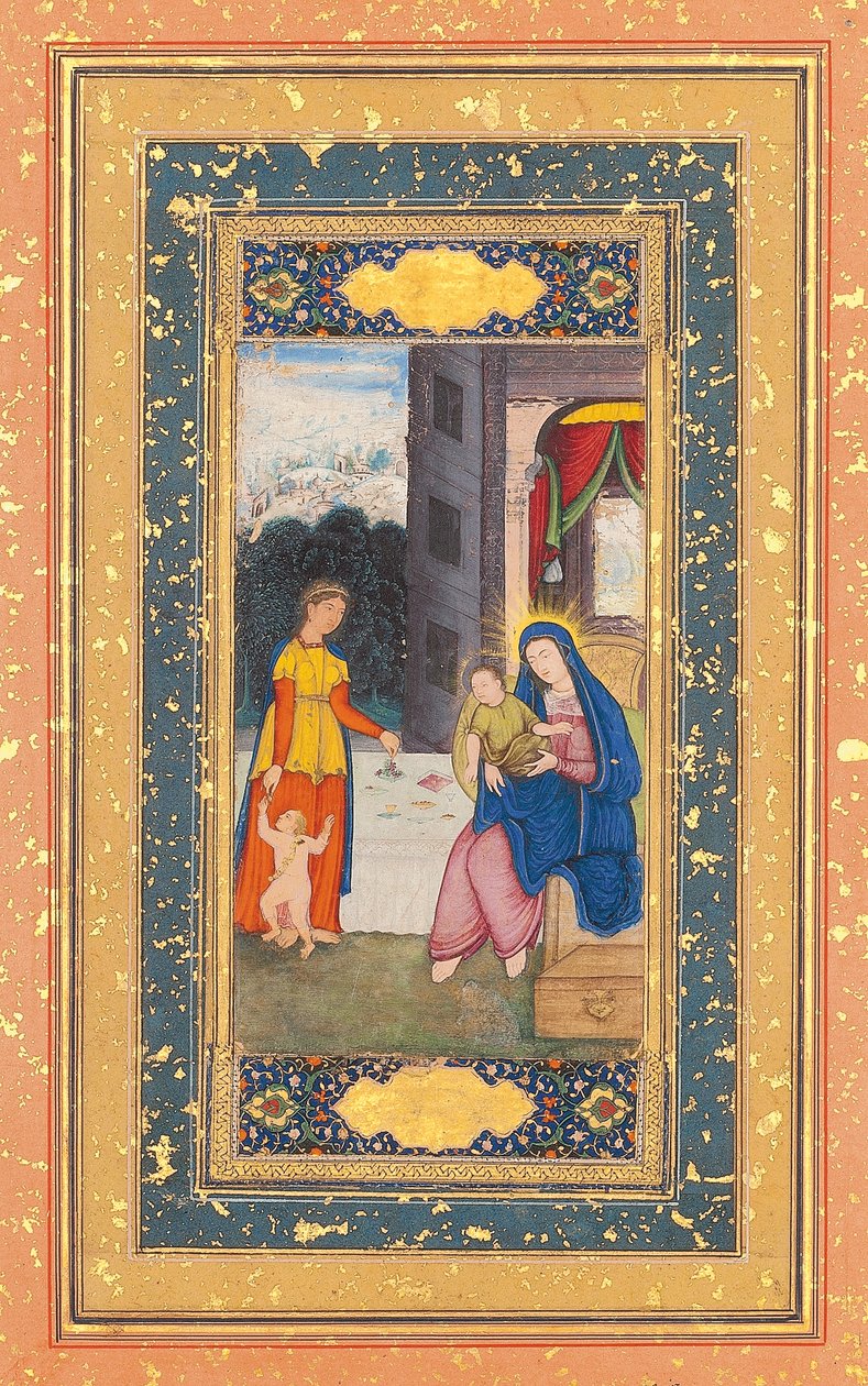 Madonna z Dzieciątkiem odwiedzona przez Elżbietę i Jana Chrzciciela, Mogołów Indie, ok. 1610 autorstwa Mughal School