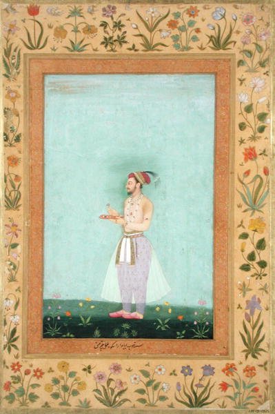 Książę Dara Shikuh trzymający tacę z klejnotami, z albumu Minto autorstwa Mughal School